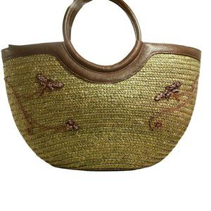 Jody Coyote  Sage Green Straw Bag W Dragon Fly On Outside and Lining Brn Handle